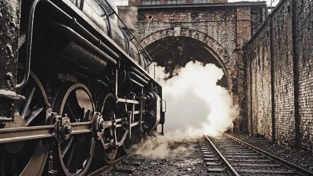 Old Steam Engine Chugging Through Brick Tunnel