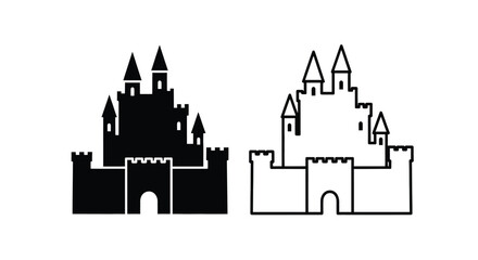 Two silhouetted castle icons one filled and one outlined side by side © APIM02SN