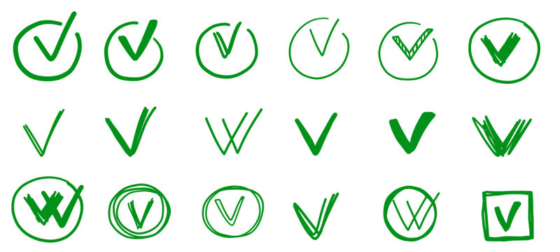 Approved vote checkmark doodle sketch hand drawn simple minimalistic style. Vector tick box crayon chalk elements. Grunge textured illustration.