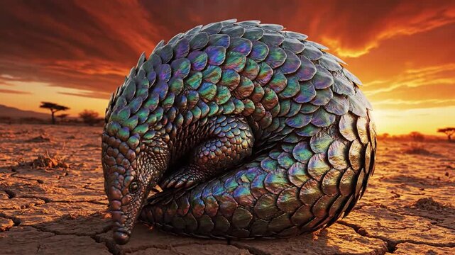 Iridescent Pangolin Curled Defensively on Arid Savanna Sunset