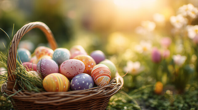 easter eggs in a basket with flowers