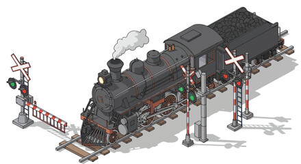 Vintage Steam Locomotive at a Railway Crossing. © LafifahFitriyani