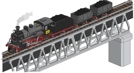 Vintage Steam Locomotive Crossing a Truss Bridge. © LafifahFitriyani