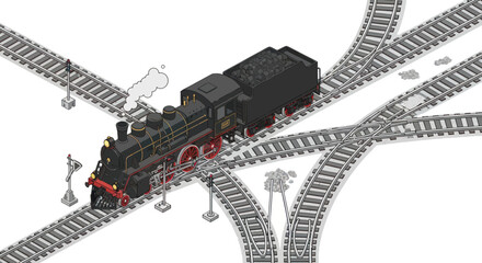 Vintage steam locomotive on a complex railway junction. © LafifahFitriyani