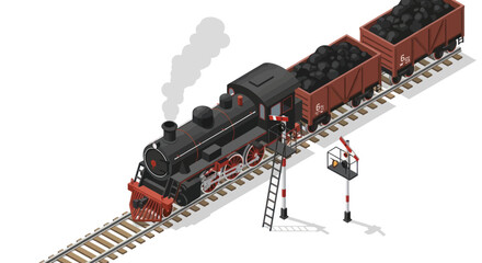 Vintage Steam Locomotive with Coal Wagons on Railway Tracks. © LafifahFitriyani