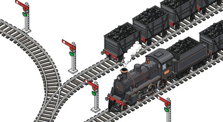 Vintage Steam Train and Coal Wagons on Railway Tracks. © LafifahFitriyani