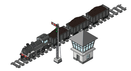 Vintage Steam Train and Signal Box Isometric Illustration. © LafifahFitriyani