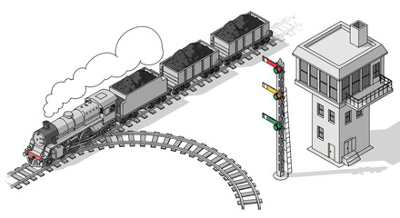 Vintage Steam Train and Signal Box Illustration. © LafifahFitriyani