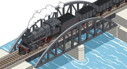 Vintage Steam Train Crossing a Metal Bridge Over Water. © LafifahFitriyani