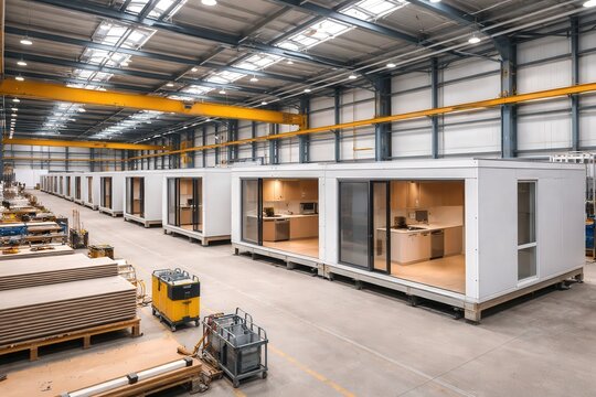 Modern Prefabricated Modular Units Designed for Efficient Space Utilization in Industrial Manufacturing Environments with Open Layouts and Functional Workspaces