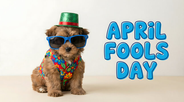 Cute Puppy Wearing Sunglasses and Festive Hat Celebrating April Fools Day