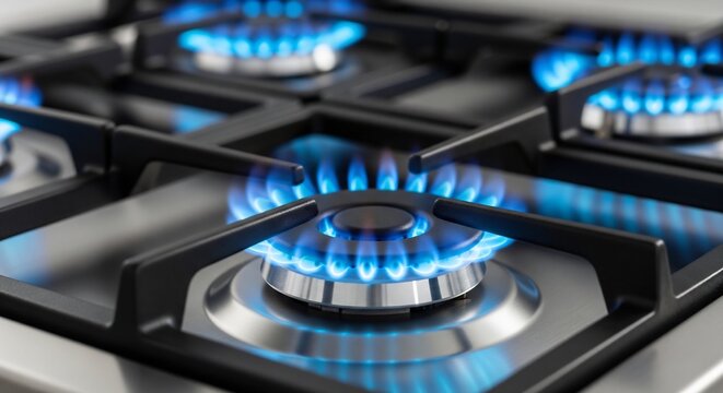 A close-up shot of a modern stainless steel gas hob with multiple burners ignited by bright blue flames, representing domestic cooking and energy efficiency in a kitchen environment.