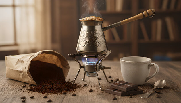 Traditional brewing of Turkish coffee in a copper cezve over an open flame.