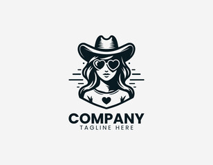 Playful cowgirl wearing heart shaped sunglasses and western hat in modern black vector logo illustration style