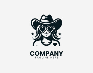Playful cowgirl wearing heart shaped sunglasses and western hat in modern black vector logo illustration style