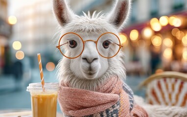 Fototapeta premium Llama with Scarf and Glasses in Outdoor Café Setting