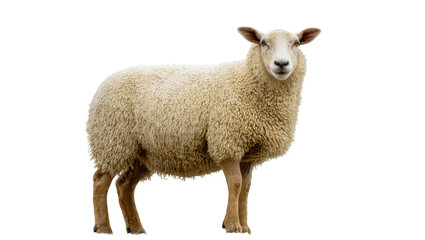 Fototapeta premium Isolated domestic adult sheep with thick wool standing and looking forward in a studio