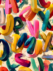 Obraz premium Vibrant multicolored abstract brush strokes forming bold letter shapes on a light background with dynamic texture and artistic energy in modern design