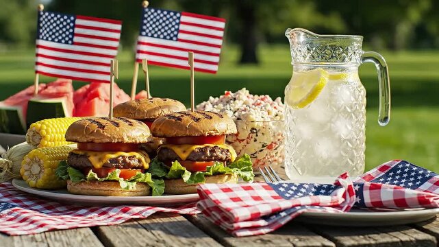 Close up of a Memorial Day picnic table with burgers, corn, lemonade and small American flags in bright festive summer outdoor light