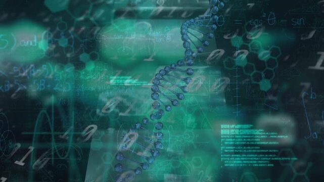 Animation of dna and scientific data processing on green and black background