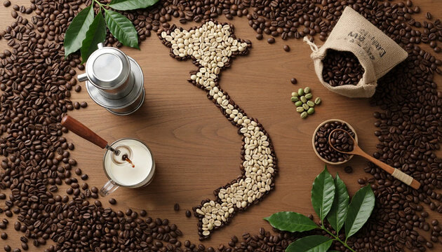 Robusta and arabica coffee beans forming a map of Vietnam country