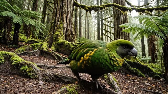 Kakapo Parrot Waddles Through Ancient New Zealand Forest