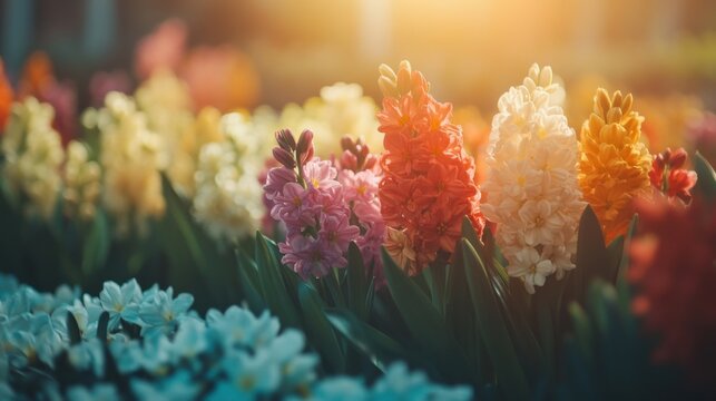 Radiant blooms: A vibrant display of colorful hyacinths bathed in soft light