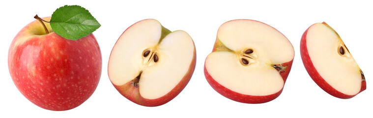 Pink Lady Apple with leaves (pink apple), half and slices isolated, transparent PNG, PNG format © natthapol