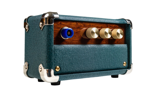 Isolated compact boutique guitar amplifier head with textured teal tolex, wood panel, chrome corners