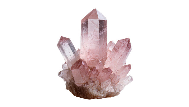 Isolated beautiful natural pink quartz crystal cluster mineral specimen gemstone