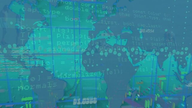 Animation of world map with data processing over diverse people running