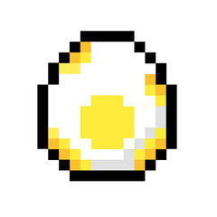 Obraz premium Vibrant pixel art representation of a cracked egg, revealing a bright yellow yolk, perfect for retro gaming themes, digital graphics, or nostalgic design projects for creative content