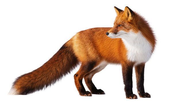 Isolated red fox with bushy tail and elegant stance looking sideways, wild mammal portrait