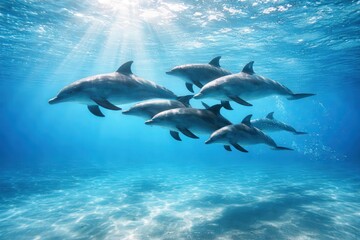 A Group of Playful Dolphins Swimming Gracefully Underwater, Showcasing Their Elegant Movements and Natural Beauty in a Serene Ocean Environment