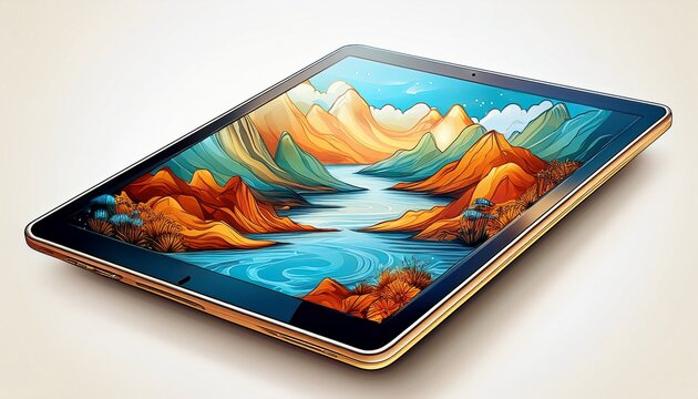 electronic tablet with landscape on screen isolated on white background