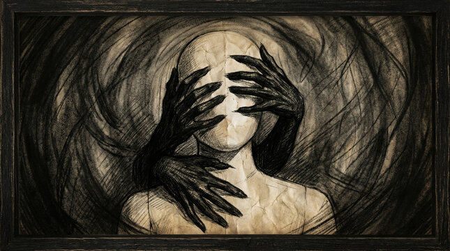 dark charcoal sketch of a faceless person being covered by many hands representing anxiety and mental pressure