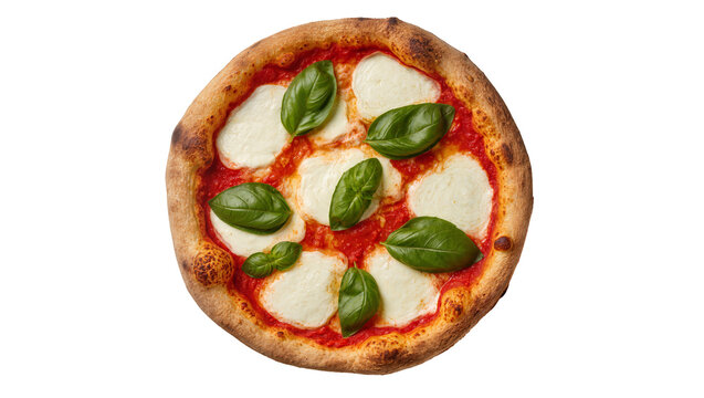 Isolated traditional Neapolitan pizza Margherita with fresh basil and melted mozzarella cheese