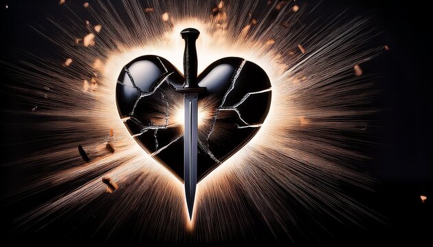 a broken heart pierced by a dagger symbolizing heartbreak and pain rendered in bold black ink with a radiant burst of light