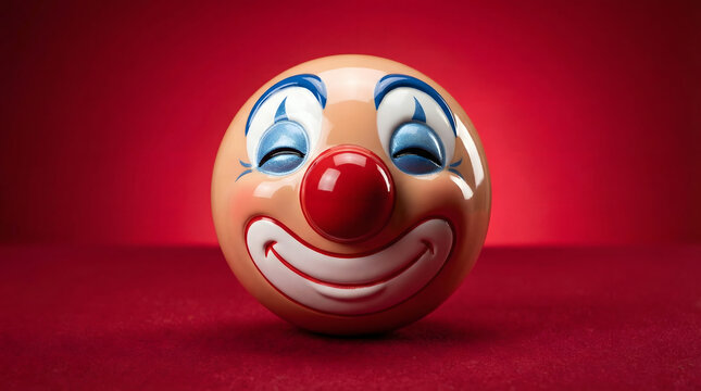 Smiling Clown Face Balloon on Red Background with Blue Eye Makeup