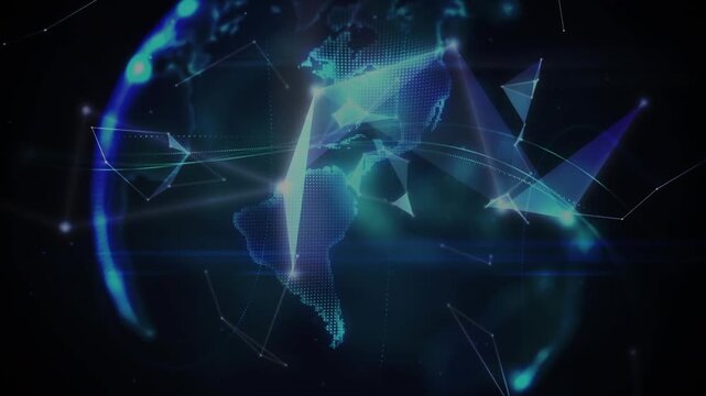 Animation of letter p with connected dots over rotating globe on abstract background