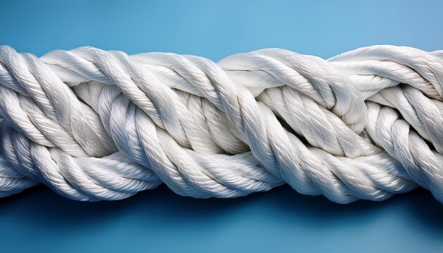 close up of a twisted white rope against a soft blue background showcasing texture and detail in a visually striking composition