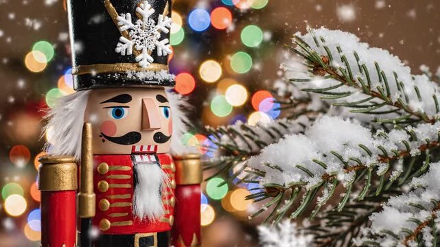 Festive nutcracker soldier with snow covered pine.