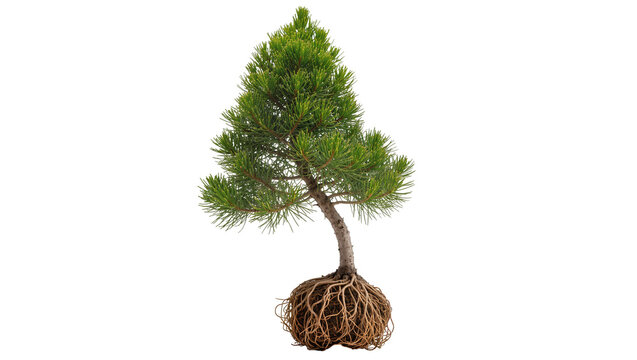 Isolated miniature evergreen pine bonsai tree with intricate exposed roots and foliage