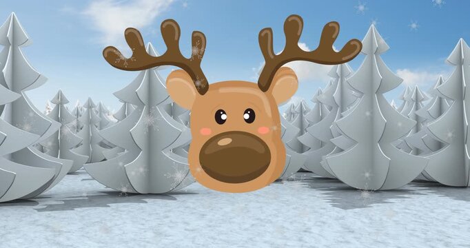 Animation of snowflakes falling over reindeer face icon and trees on winter landscape