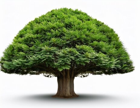 a yew tree with dark green dense foliage and a broad sturdy trunk isolated on a white background