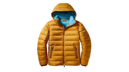 Isolated stylish gold hooded puffer jacket with blue lining, warm winter outerwear fashion © Pablo
