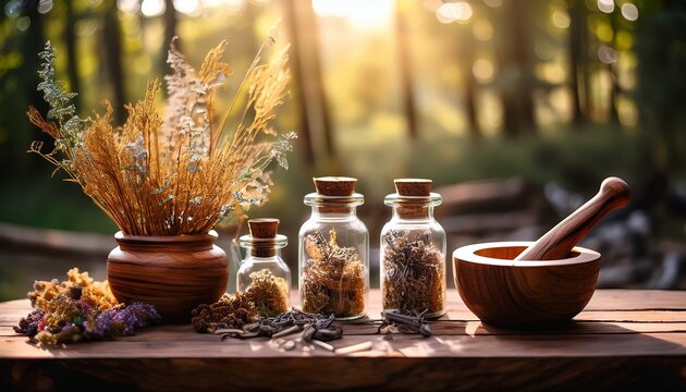 herbal apothecary display with dried plants in glass jars and mortar on wooden table outdoors