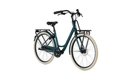 Fototapeta premium Isolated new modern teal city bicycle with step-through frame, front rack, and cream tires