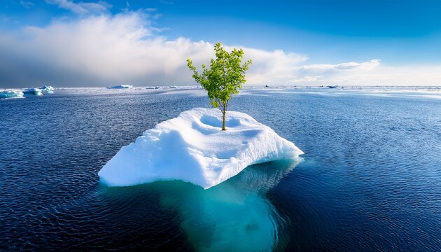 resilience and hope as a green sapling growing on top of an iceberg as freezing snow floating in cold arctic ocean water as grit persistence and adaptability as a metaphor for overcoming obstacles