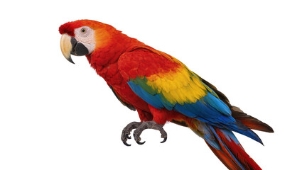 Obraz premium Isolated vibrant Scarlet Macaw, a beautiful tropical bird with colorful plumage standing on a perch
